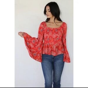 Angie Smocked Bodice Red Floral Off Shoulder Boho Bell Sleeve Blouse | Small